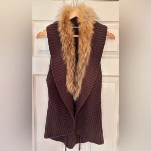 Indigo Faux Fur Collar Knit Vest Women’s Small Brown Open Front Sweater